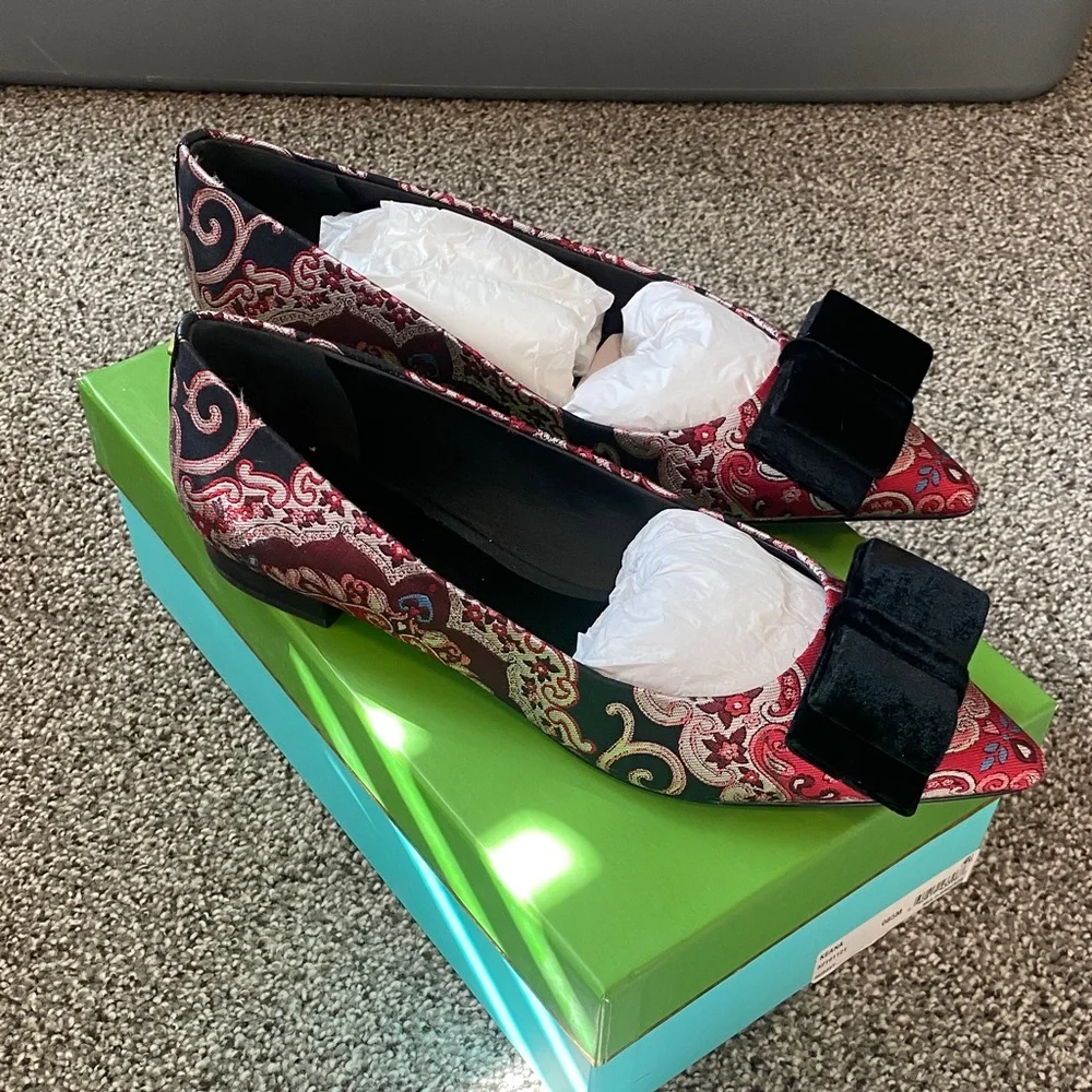Kate Spade Red Paisley Flats with Black Velvet Bow